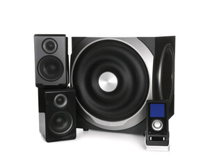Modern powerful audio speaker system with remote on white background