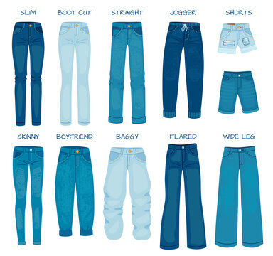Women jeans fits. Denim female pants models skinny, straight, slim, boyfriend and boot cut. Silhouette styles of jean trousers vector set