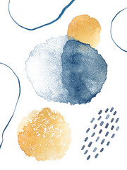 Watercolor Arrangements. Watercolor abstract shapes in blue and gold colors. Mid Century Modern Wall Art, Minimalistic geometric frames.