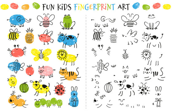 Fingerprint game for kids. Fun educational activity for children study to paint with fingers. Doodle animals and insects drawing vector set