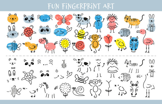 Paint With Finger Prints. Kids Fingerprint Learning Art Game And Quiz Worksheet With Characters. Education Drawing For Children Vector Sheet