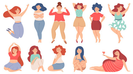 Women self love. Proud adult woman care and hugs herself, holding heart. Happy confident female. Love yourself and body positive vector set - obrazy, fototapety, plakaty
