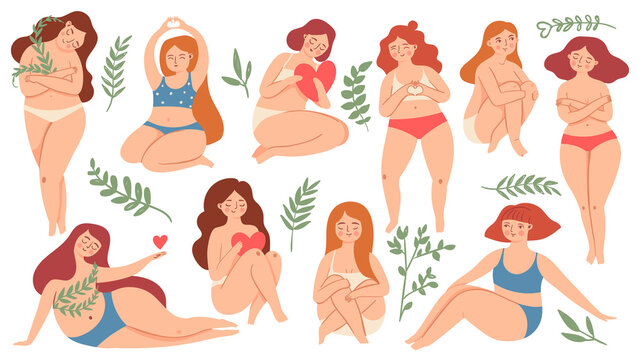 Body Positive. Happy Plus Size Beautiful Women In Swimsuit And Underwear Holding Hearts And Hugs Knees. Female Self Care And Love Vector Set