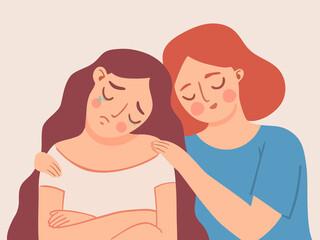 .Compassion friend. Woman comfort sad girl. Women empathy talk and friends support. Depression, stress or anxiety therapy help vector concept