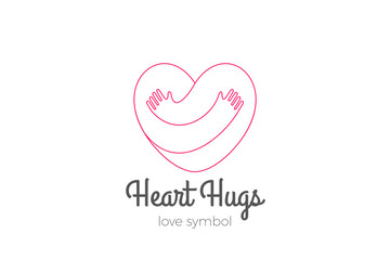 Heart Love Hugs Logo Hugging Hands design vector template Linear style. Valentines day Romantic dating Charity Donation Logotype concept icon.