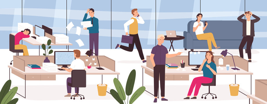 Chaos in office. Work place with stressed, lazy, sleeping or panicing workers and angry boss. Business problem at deadline vector concept