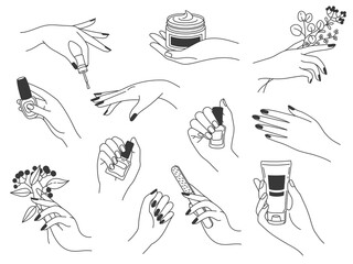 Hand manicure and care. Female logos for nail cosmetics and beauty spa salon. Hands paint, file nails, holding polish and cream, vector set - obrazy, fototapety, plakaty