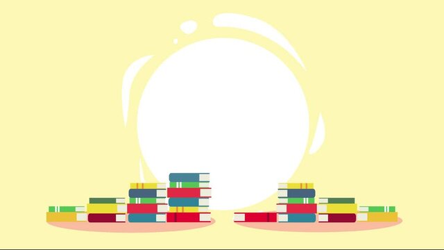 Man and woman standing on books of the same height
