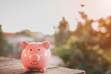 The piggy bank rests on the wooden floor.