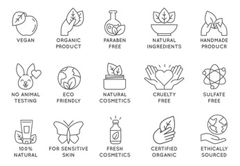Organic cosmetics icon. Eco friendly cruelty free line badges for beauty products and vegan food. No animal tested, natural icons vector set - obrazy, fototapety, plakaty