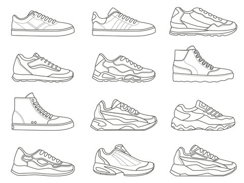 Sneakers icon. Outline sport shoe types for running and fitness. Minimalist line sneaker symbols. Fashion design of gym footwear vector set