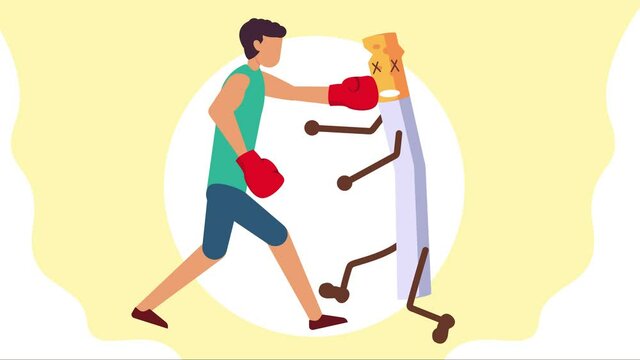 Man wear boxing gloves while punching a cigarette