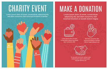 Charity event flyer. Donation and volunteering poster. Hands donate hearts and line icon elements. Community help brochure vector concept