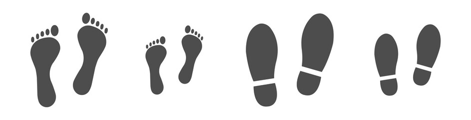 Different human footprints. Baby footprint - stock vector. Shoes for children and adults, adults and children's steps.