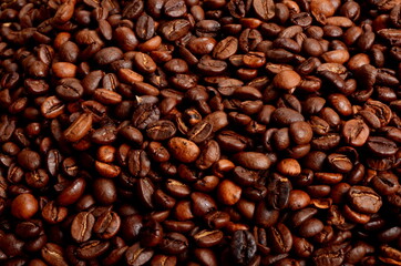 Freshly roasted coffee beans background, close-up