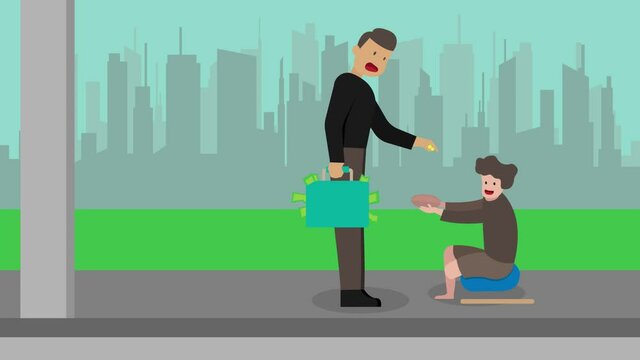 Stingy man giving little money on disabled beggar
