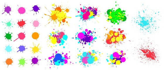Color paint splatter. Spray paint blot element. Colorful ink stains mess. Watercolor spots in raw, splashes - obrazy, fototapety, plakaty