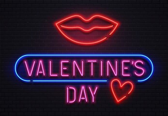 Glowing neon sign valentines day lettering with red big lips and heart for holiday. Shining signboard