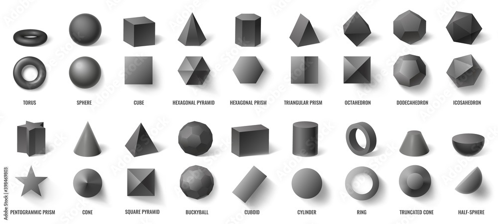 Poster realistic black basic geometric 3d shapes in top and front view isolated on white. three dimensional