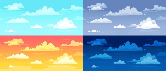 Cartoon cloudy skies in different parts of day background illustration set. Morning, evening and night landscape