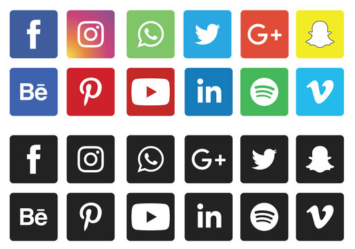 Social media logos on white background, editorial illustrative. Facebook, twitter, WhatsApp, instagram, Skype, snapchat, tumblr, google, Spotify, LinkedIn and more