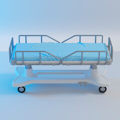 Hospital bed. Blue linen. 3d rendering.