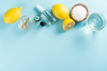 Zero waste and eco cleaners - ingredients on blue background, copy space