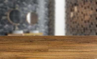 bathtub with large tiles. mosaic on the walls. wooden countertop with two washbasins. 3D rendering.. Abstract blur phototography. wooden table on blurred background.