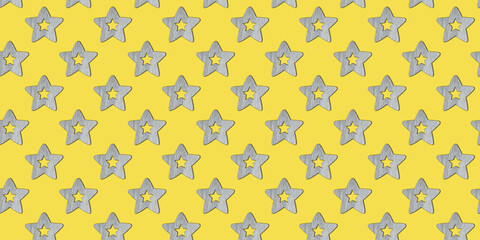 Seamless Christmas pattern with wooden decorative gray stars on yellow background. Trendy colors 2021