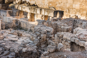 Ruins and remains next to the western wall and Al-Aqsa Mosque in the Old City of Jerusalem, the third holiest site in Islam. built on top of the Temple Mount, known as Haram esh-Sharif in Islam.