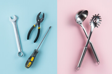 Gender stereotypes concept - female and male objects on pink and blue background, flat lay