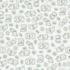 Money Vector Seamless pattern. Hand Drawn doodle Dollar Banknotes. Money rain background
