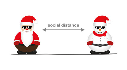 cute santa claus and snowman cartoon with sunglasses social distance concept vector illustration EPS10
