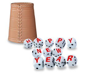 Tumbling dice spelling Happy New Year and a raffle cup standing upside down in the background on white background. Good luck and wealth concept.