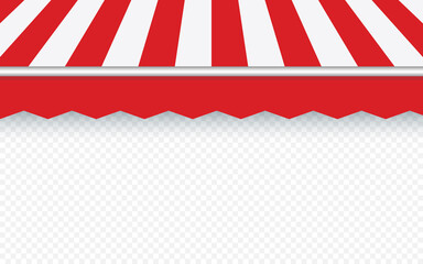 Red striped awning for shop. Red tent sun shade for market on transparent background. Trend design. Vector illustration