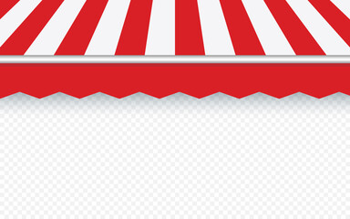 Obraz premium Red striped awning for shop. Red tent sun shade for market on transparent background. Trend design. Vector illustration