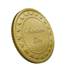 Stylish Valentine’s golden embossed greeting coin with lettering isolated on white background, 3D render