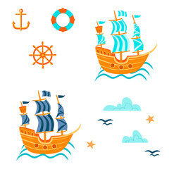 Set with cartoon ship with sails. Vector illustration.