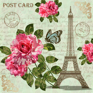 Paris vintage postcard with Eiffel Tower and roses on retro background. 