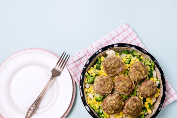 Bowl with Tasty Mixed Salad with Vegetable and Homemade Meatballs Tasty Healthy Dinner Horizontal Copy Space
