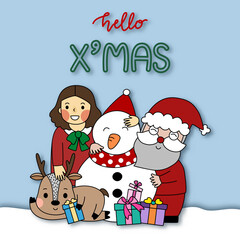 Obraz na płótnie Canvas Group of Merry Christmas items with Santa Clause, snow man, rein deer and the girl with hello Christmas word background