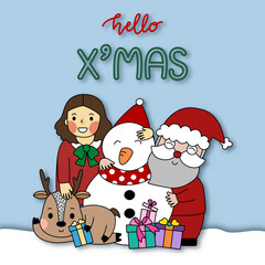 Group of Merry Christmas items with Santa Clause, snow man, rein deer and the girl with hello Christmas word background