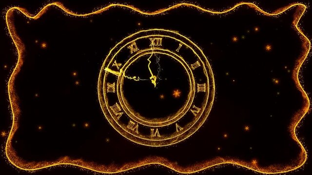 New year background with golden clock and shiny fireworks