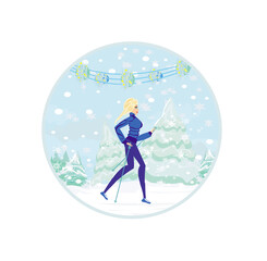 Nordic walking - active woman exercising in winter