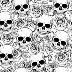 Skull and roses seamless pattern. Hand drawn vector illustration. Fabric design template. Skull background.