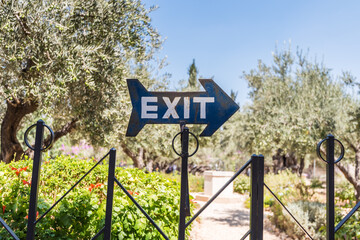 Road sign of Exit Garden of Gethsemane,  an urban garden at the foot of the Mount of Olives in Jerusalem, where Jesus prayed and his disciples slept the night before his crucifixion