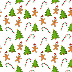 Naklejka na ściany i meble Holiday pattern with gingerbread cookies, candy cane and christmas tree on white background. Wrapping paper with repeating tile. Great for christmas card or background. Vector seamless pattern.