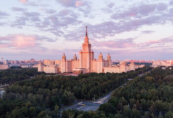 Fototapeta na wymiar Moscow State University sunrise aerial drone shot. Moscow Russia beautiful morning sun scenery, magnificent iconic architecture, historical image
