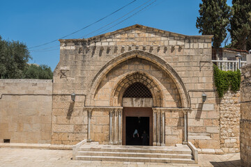 Facade of  Church of the Sepulchre of Saint Mary, also Tomb of the Virgin Mary, a Christian tomb in the Kidron Valley, at the foot of Mount of Olives, in Jerusalem Israel.