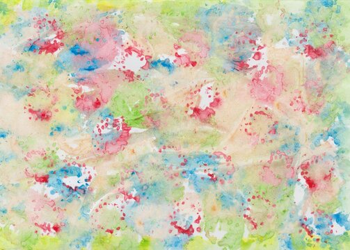 Abstract watercolor painting with color blots in green, blue, pink, ocher and yellow © Heike Rau